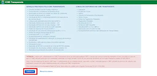 Cadastro no ICMS Transparente: Guia para Produtor Rural a tela inicial do portal ‘ICMS Transparente’, uma plataforma governamental destinada à gestão do Imposto sobre