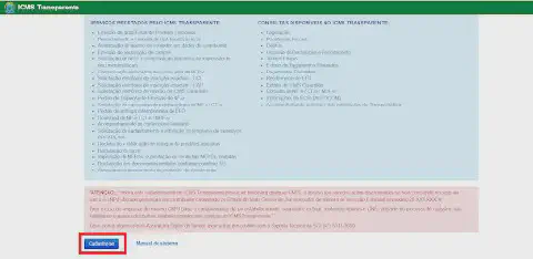 a tela inicial do portal 'ICMS Transparente', uma plataforma governamental destinada à gestão do Imposto sobre