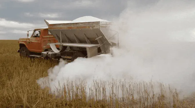 Calagem na lavoura: aplicação de calcário agrícola no solo caminhão antigo, de cor laranja, equipado com um distribuidor de sólidos, em plena operação numa lavoura.