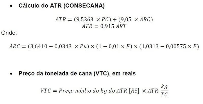 A imagem apresenta as fórmulas matemáticas fundamentais utilizadas no setor sucroalcooleiro brasileiro para a precificação da