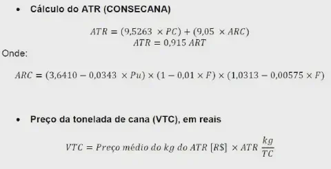 A imagem apresenta as fórmulas matemáticas fundamentais utilizadas no setor sucroalcooleiro brasileiro para a precificação da