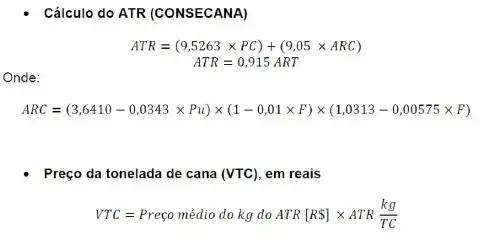 A imagem apresenta as fórmulas matemáticas fundamentais utilizadas no setor sucroalcooleiro brasileiro para a precificação da