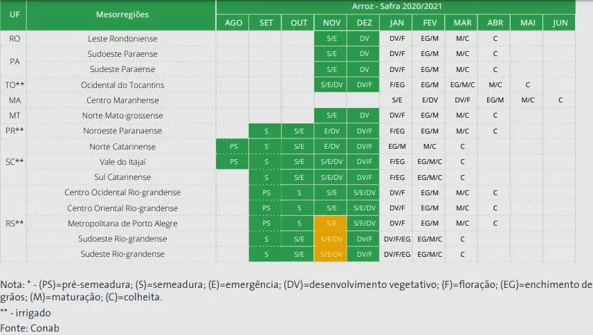 calendário agrícola detalhado para a cultura do arroz, referente à safra 2020/2021, com fonte da Conab. A t