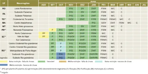 uma tabela detalhada do Zoneamento Agrícola de Risco Climático (ZARC) para a cultura do arroz no Brasil. Ela f