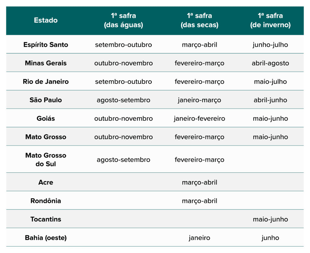 Calendário da Primeira Safra no Brasil por Estado e Época uma tabela informativa que detalha o calendário da primeira safra em diversos estados brasileiros, dividida po