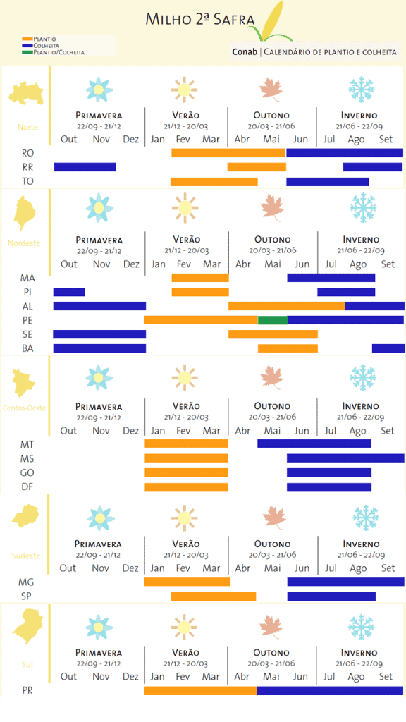 Este infográfico, elaborado pela Conab, detalha o calendário de plantio e colheita para o milho 2ª safra, também conhecido co