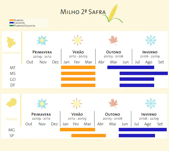 Calendário de Plantio e Colheita do Milho 2ª Safra Este infográfico detalha o calendário agrícola para o cultivo do milho de segunda safra, também conhecido como 'safrinha', na