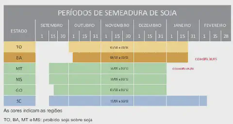 infográfico em formato de tabela que detalha os períodos de semeadura de soja em diferentes estados bra