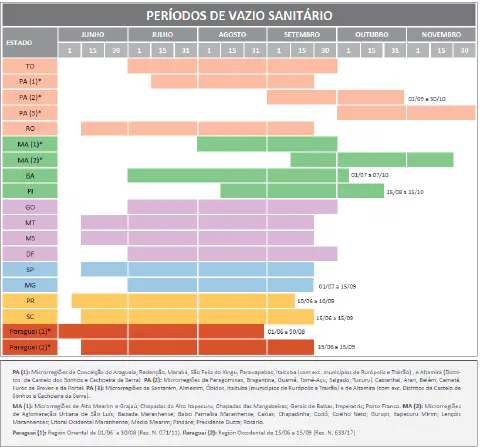 gráfico de Gantt detalhado intitulado 'Períodos de Vazio Sanitário', que ilustra o calendário oficial d