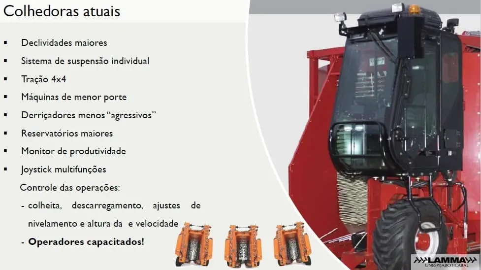 slide de apresentação intitulado ‘Colhedoras atuais’, que detalha as características e avanços tecnológicos em