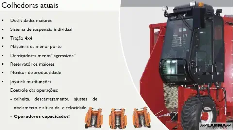 slide de apresentação intitulado 'Colhedoras atuais', que detalha as características e avanços tecnológicos em