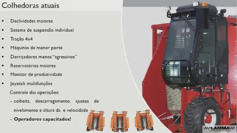 slide de apresentação intitulado 'Colhedoras atuais', que detalha as características e avanços tecnológicos em