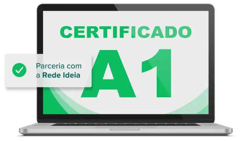 Certificado Digital A1: Emita Notas Fiscais no Aegro tela de um laptop moderno, em fundo branco, destacando a oferta do 'CERTIFICADO A1'. As letras são grandes e
