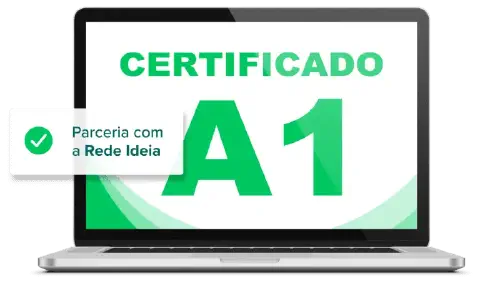 tela de um laptop moderno, em fundo branco, destacando a oferta do 'CERTIFICADO A1'. As letras são grandes e