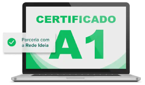 tela de um laptop moderno, em fundo branco, destacando a oferta do 'CERTIFICADO A1'. As letras são grandes e