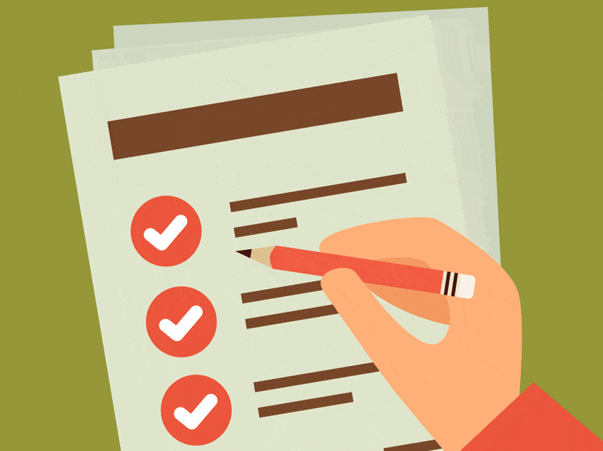 Esta é uma animação em GIF que ilustra o ato de completar uma lista de tarefas. A imagem mostra, em close-up, uma mão seguran