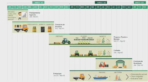 infográfico no formato de um cronograma ou gráfico de Gantt que detalha o ciclo completo da produção agrícola a