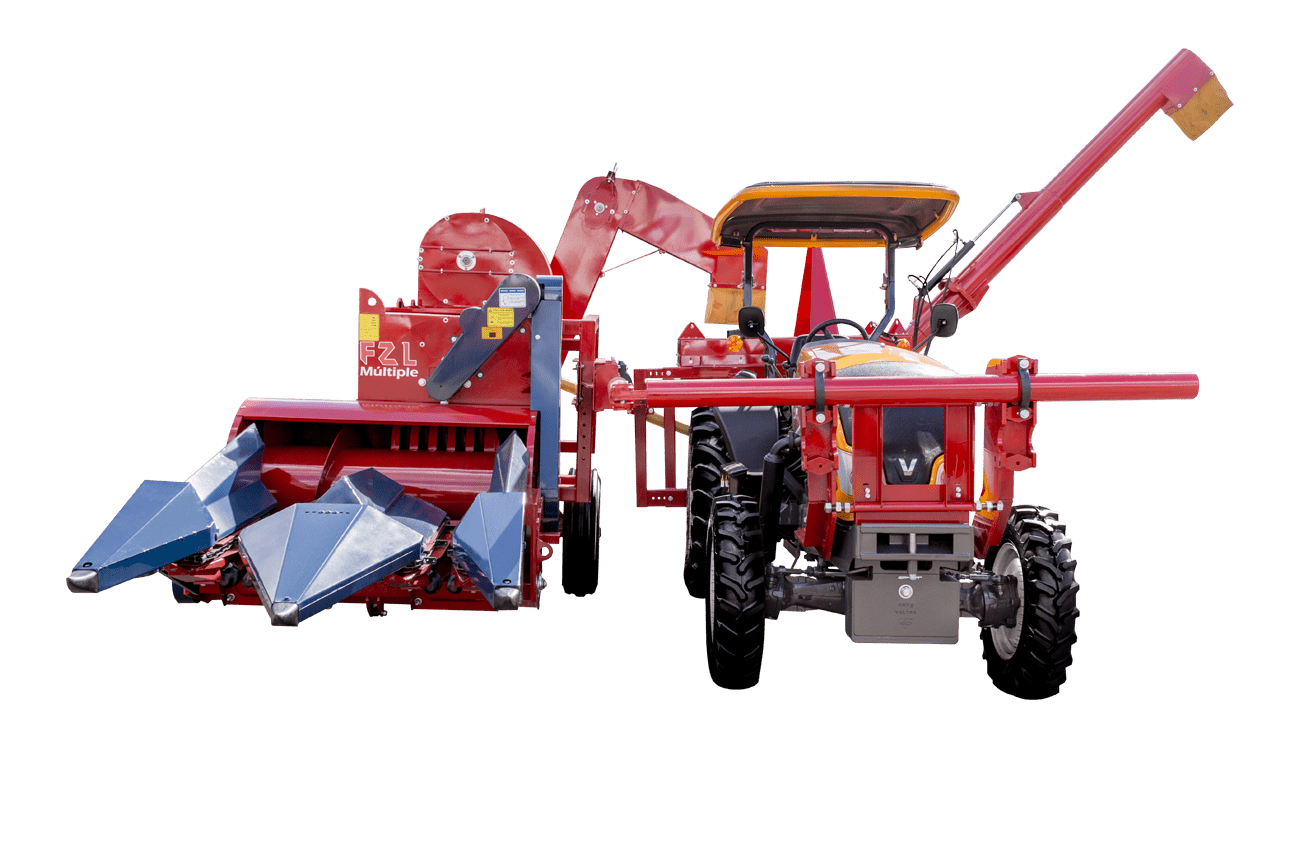 trator agrícola de cor vermelha acoplado a uma colhedora de forragem, modelo ‘F2L Múltiple’, em um fundo pr