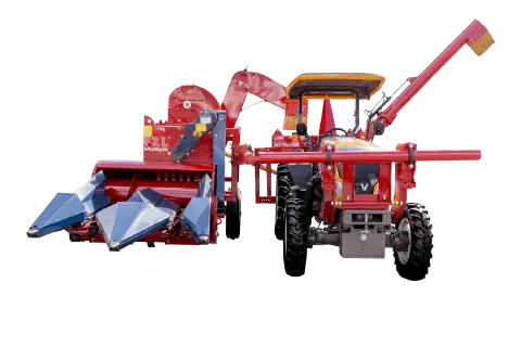 trator agrícola de cor vermelha acoplado a uma colhedora de forragem, modelo 'F2L Múltiple', em um fundo pr