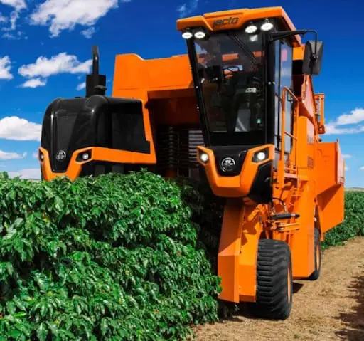 uma colhedora de café da marca Jacto, de cor laranja e preta, em plena operação numa lavoura. A máquina, robus