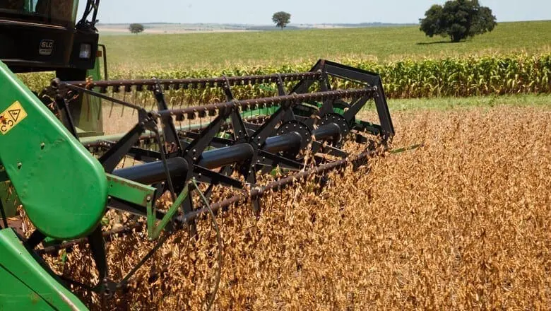 A imagem captura em close-up a operação de uma colheitadeira verde em uma vasta lavoura de soja. O foco está na plataforma de