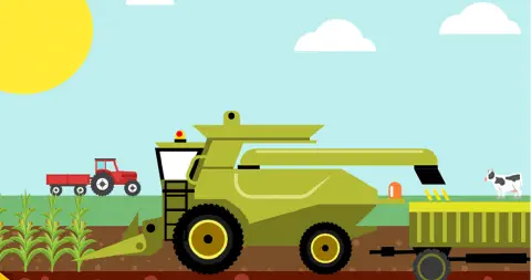 Ilustração de uma cena agrícola em um dia ensolarado, retratando o processo de colheita mecanizada. Em primeiro plano, uma gr
