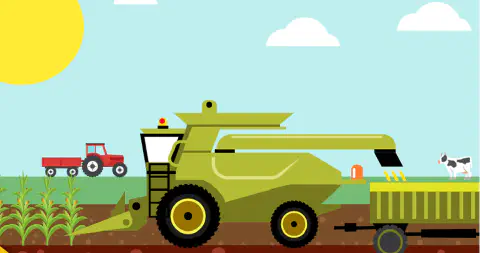 Ilustração de uma cena agrícola em um dia ensolarado, retratando o processo de colheita mecanizada. Em primeiro plano, uma gr