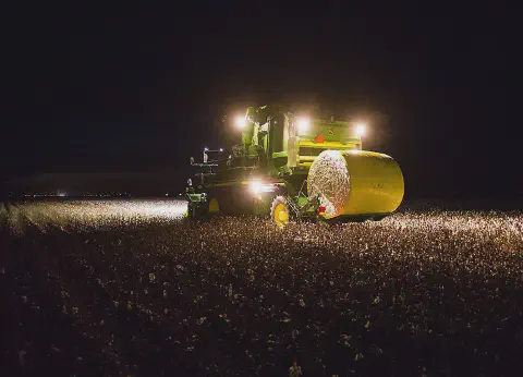 operação de colheita de algodão em grande escala durante a noite. No centro da cena, uma colheitadeira m