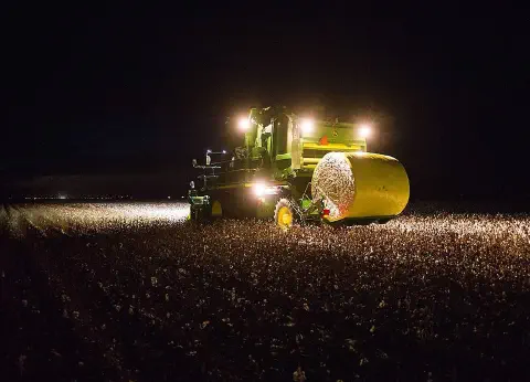 operação de colheita de algodão em grande escala durante a noite. No centro da cena, uma colheitadeira m
