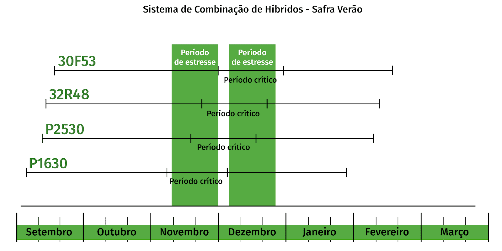 gráfico do tipo Gantt intitulado ‘Sistema de Combinação de Híbridos - Safra Verão’. Ele ilustra uma estraté