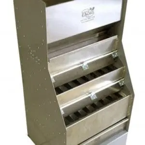 comedouro automático vertical, fabricado em metal, provavelmente aço inoxidável ou galvanizado, projetado p