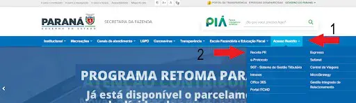 Como Acessar o Portal Receita PR no Site da Sefa-PR Esta imagem é uma captura de tela do site oficial da Secretaria da Fazenda do Governo do Estado do Paraná. A imagem serve com
