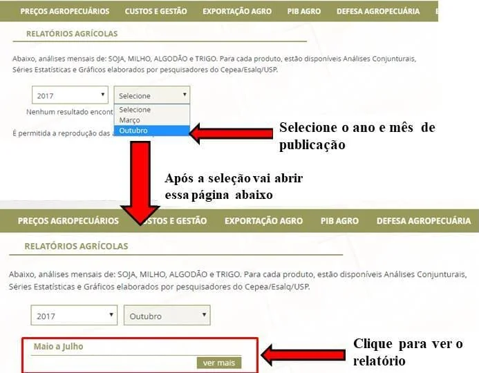 Como Acessar Relatórios Agrícolas por Data: Guia Visual tutorial visual que demonstra, em duas etapas, como acessar relatórios agrícolas em um portal online. Na primei