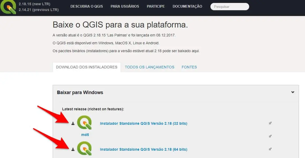 Como Baixar o QGIS: Guia de Download para o Agronegócio captura de tela da página de download do software QGIS, um Sistema de Informação Geográfica (SIG) de código ab