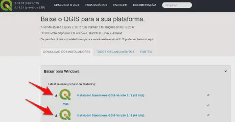 captura de tela da página de download do software QGIS, um Sistema de Informação Geográfica (SIG) de código ab