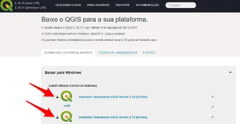 captura de tela da página de download do software QGIS, um Sistema de Informação Geográfica (SIG) de código ab