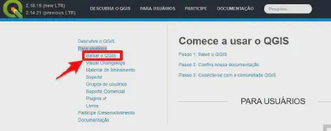 captura de tela do site oficial do software QGIS, um sistema de informação geográfica de código aberto amplame