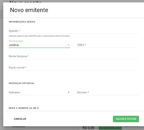 uma captura de tela da interface do software Aegro, especificamente o formulário de cadastro de um 'Novo emite