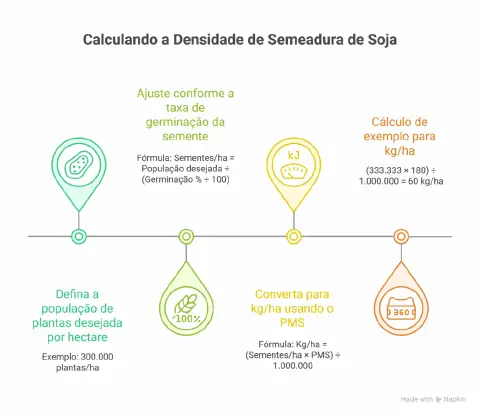 infográfico educacional que detalha o processo de cálculo da densidade de semeadura de soja. Utilizando um form