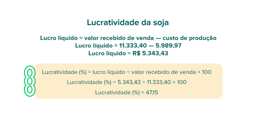 infográfico educacional que demonstra como calcular a lucratividade da soja. Com um design limpo e fundo branco