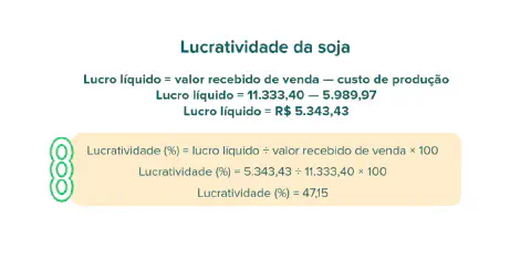 infográfico educacional que demonstra como calcular a lucratividade da soja. Com um design limpo e fundo branco