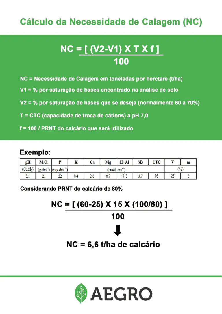 Como Calcular a Necessidade de Calagem (NC) do Solo infográfico educativo que detalha o método de cálculo da Necessidade de Calagem (NC) no solo, uma prática funda