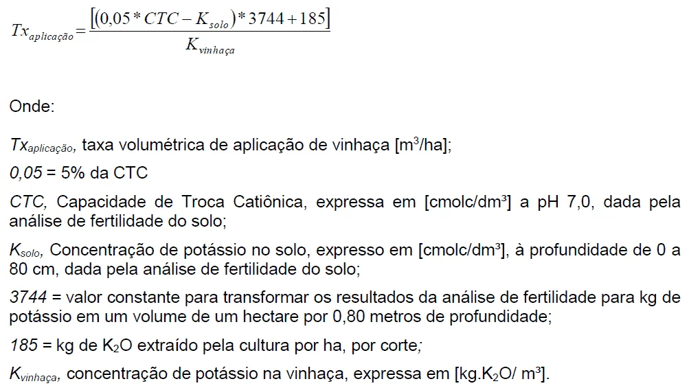 uma fórmula agronômica detalhada para o cálculo da taxa volumétrica de aplicação de vinhaça (Tx_aplicação) em