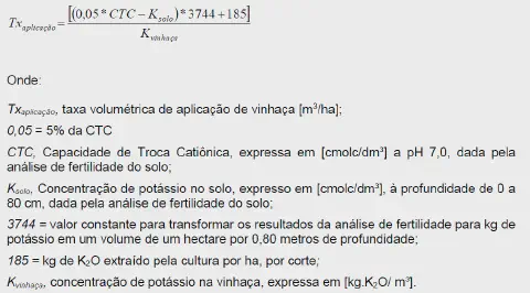 uma fórmula agronômica detalhada para o cálculo da taxa volumétrica de aplicação de vinhaça (Tx_aplicação) em