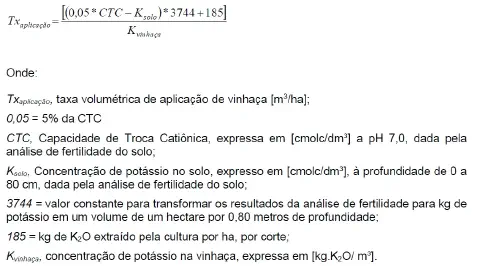 uma fórmula agronômica detalhada para o cálculo da taxa volumétrica de aplicação de vinhaça (Tx_aplicação) em