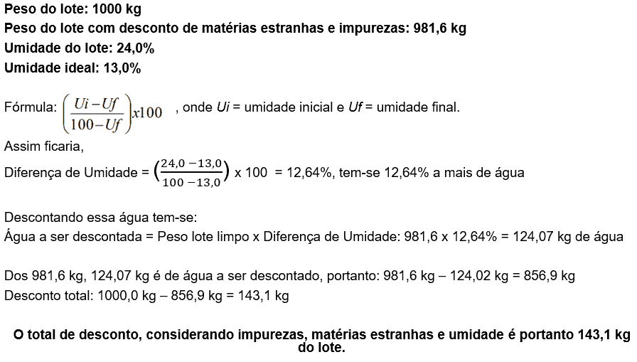 Como Calcular Desconto de Umidade e Impurezas em Grãos exemplo prático e detalhado do cálculo de desconto em um lote de grãos, como soja ou milho. O processo