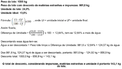 exemplo prático e detalhado do cálculo de desconto em um lote de grãos, como soja ou milho. O processo