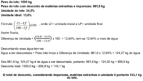 exemplo prático e detalhado do cálculo de desconto em um lote de grãos, como soja ou milho. O processo