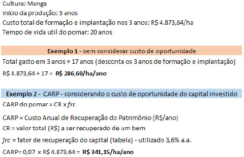 exemplo prático de cálculo de custos para a implantação de um pomar de manga, comparando duas metodolog