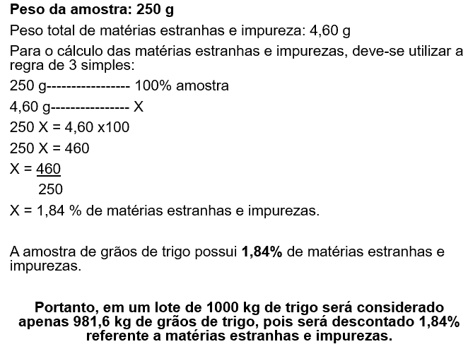 Como Calcular o Desconto de Impurezas em Grãos de Trigo exemplo prático e detalhado do cálculo de percentual de impurezas em uma amostra de grãos de trigo. O p